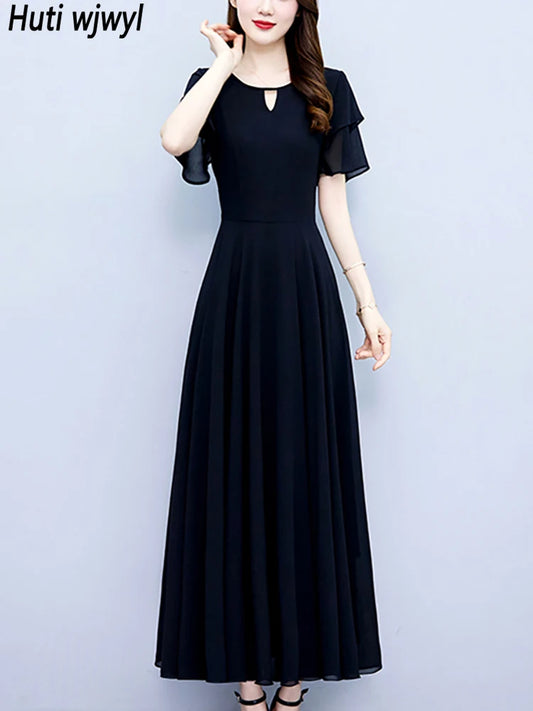 2024 Black Chic Ruffled Short Sleeve Midi Vestidos Women Vintage Hepburn Prom Long Robe Summer Solid Elegant Bodycon Party Dress