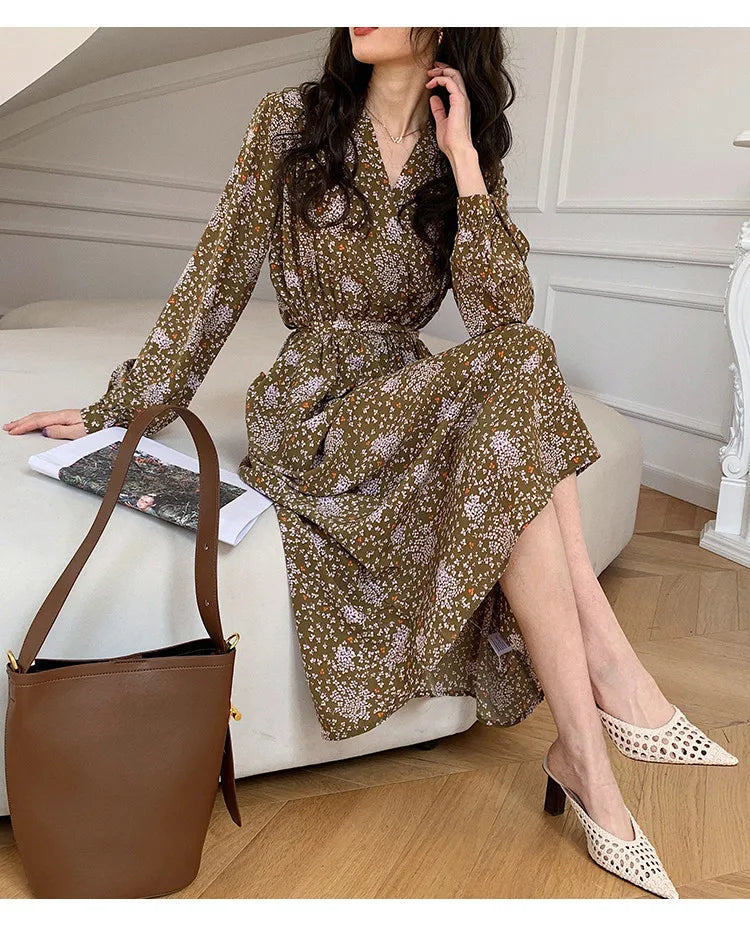 ARTKA 2023 Spring New Women Dress Elegant Loose Puff Sleeve Prints Dresses V-Neck High Waist A-Line Chiffon Long Dress A22LA055C