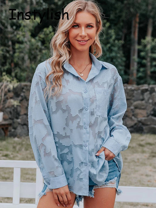 Elegant Long Sleeve Lapel Lace Blouse Office Lady Spring Summer Hollow Out Jacquard Loose Shirt Oversized Tops Luxury Chic Tunic