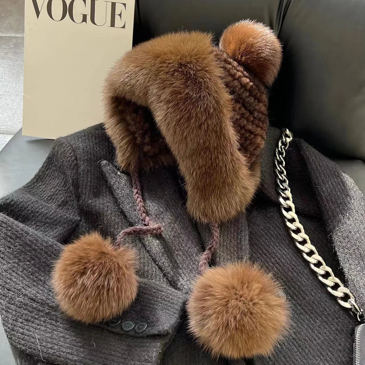 Real Mink Fur Hat For Women Winter Natural Fur Lei Feng Hat With Fox Fur Ball Thicked Ear Protection Hat Female Hand Knitted Hat