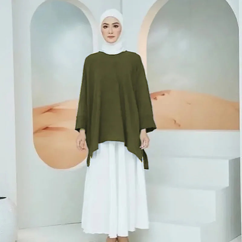 Southeast Asia Islam Abaya Kaftan New Long-sleeved Loose Casual Islam Abaya Kaftan Irregular Hem Ice Silk Women Shirt