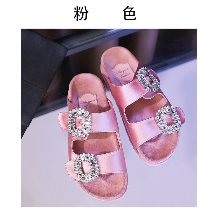 New Trend Women's Slippers Outside 2022 Women's Rhinestone Side Buckle Open Toe Bicyclic Flat-Bottomed Sandals Slippers Girls