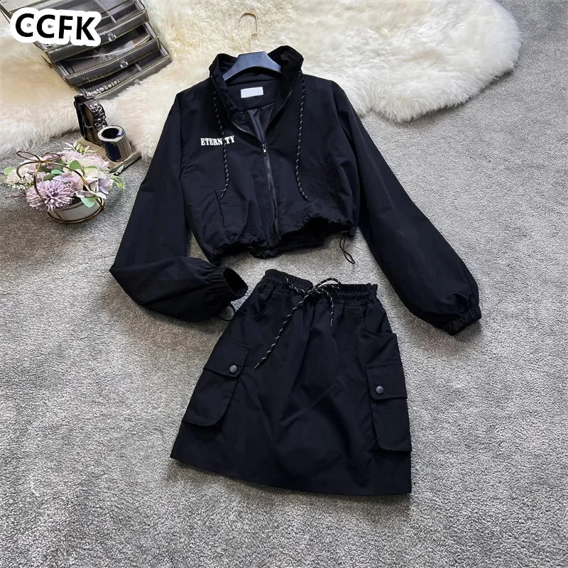 Techwear Grunge Aesthetic Skirt Set Emo Egirl Clothes Black Sporty Women Vintage Gothic Hoodies Cargo Skirts Y2k 2023 Autumn New