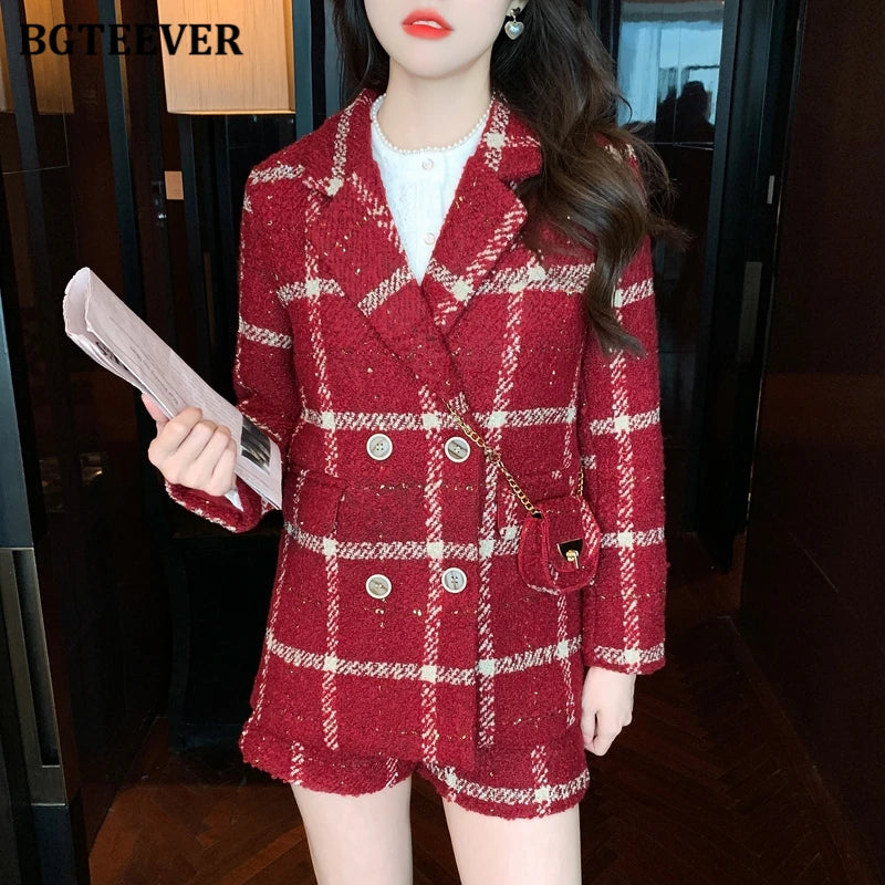 BGTEEVER Winter Thicken Warm Ladies Plaid Blazer Suits Long Sleeve Double Breasted Suit Jackets & Shorts Women 2 Pieces Set