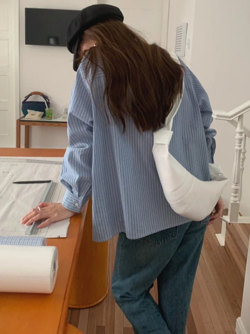 Chic Autumnal Vintage Loose Fit Long Sve Blue Striped irt Women's Faion Versatile Double ket Suit Collar Outfit