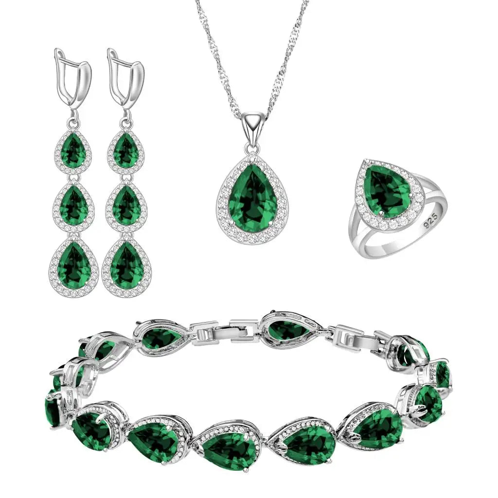 Wedding Bride Silver 925 Jewelry Sets Women White Topaz Long Earrings Bracelet Necklace Rings Luxury Fashion Set Dropshipping