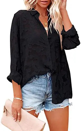 Elegant Long Sleeve Lapel Lace Blouse Office Lady Spring Summer Hollow Out Jacquard Loose Shirt Oversized Tops Luxury Chic Tunic