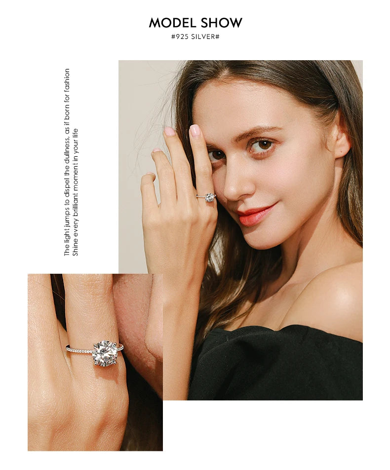 2023 Classic Luxury Real Solid 925 Sterling Silver Ring 3Ct 10 Hearts Arrows Zircon Wedding Jewelry Rings Engagement For Women