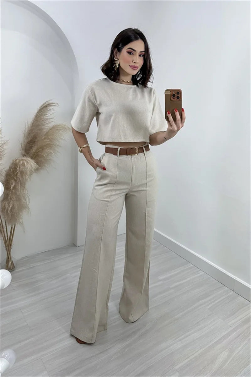 Casual New In Matching Two Piece Sets Women Summer 2024 Fashion Short Sleeve T-shirt Crop Tops High Waist Wide Leg Pant Sets