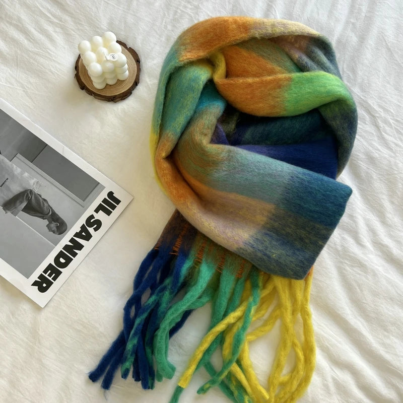 Winter Multicolor Stripe Scarf Cashmere Thick Shawl Women Long Winter Warm Pashmina Wraps with Tassel Scarf For Women