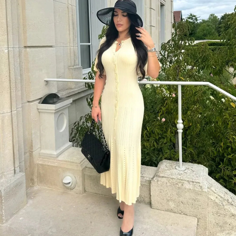 Elegant Knitted Single Breasted Midi Dress Women's Patchwork Dresses Female 2025 Summer Robe New Black Beige Robes Evening Party