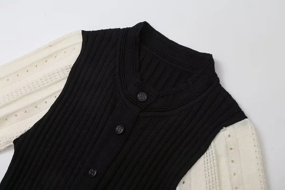 Elegant Knitted Single Breasted Midi Dress Women's Patchwork Dresses Female 2025 Summer Robe New Black Beige Robes Evening Party