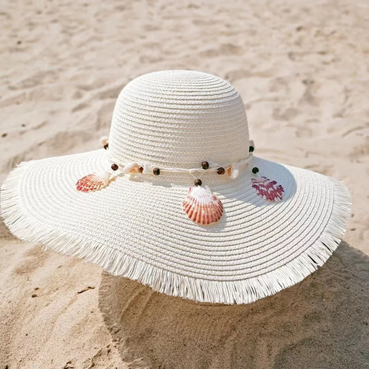 New Shell Accessories Fashionable Large Brim Women's Summer Straw Hat UV Resistant Sun Hat Sweet Beach Hat