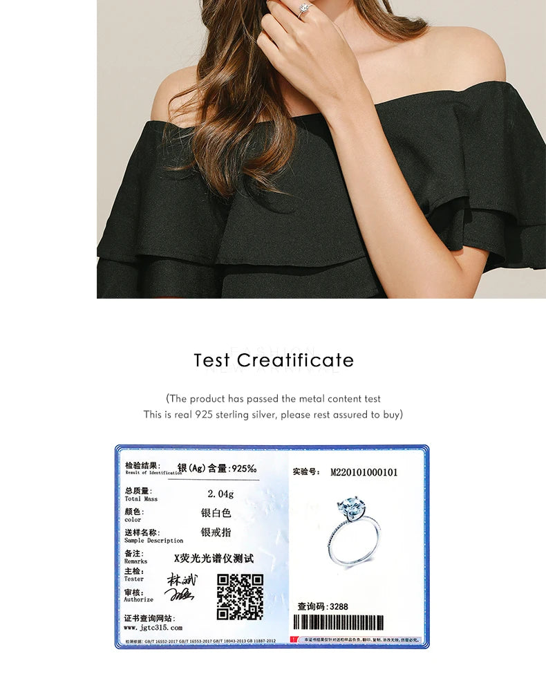 2023 Classic Luxury Real Solid 925 Sterling Silver Ring 3Ct 10 Hearts Arrows Zircon Wedding Jewelry Rings Engagement For Women