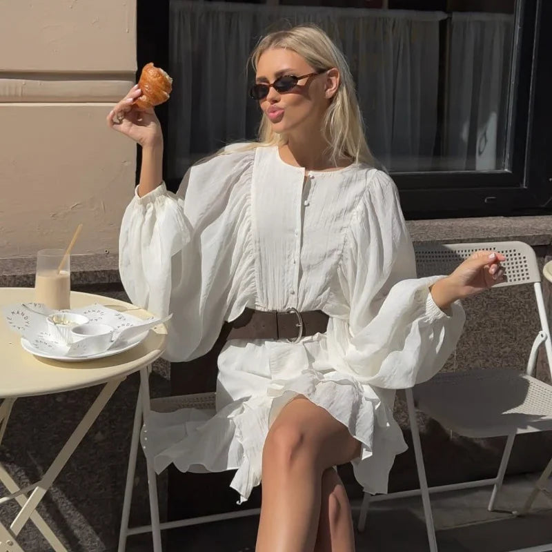 Women Single Breasted Ruffles Dress Fashion Solid Lantern Sleeve Loose Pleated Vestidos Summer Lady Vacation Party Gowns 2025