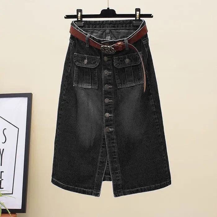 2024 Women Spring Autumn New Front Split Denim Sheath Skirts Female Single-Breasted Midi Skirts Ladies High Waist Pencil Skirts