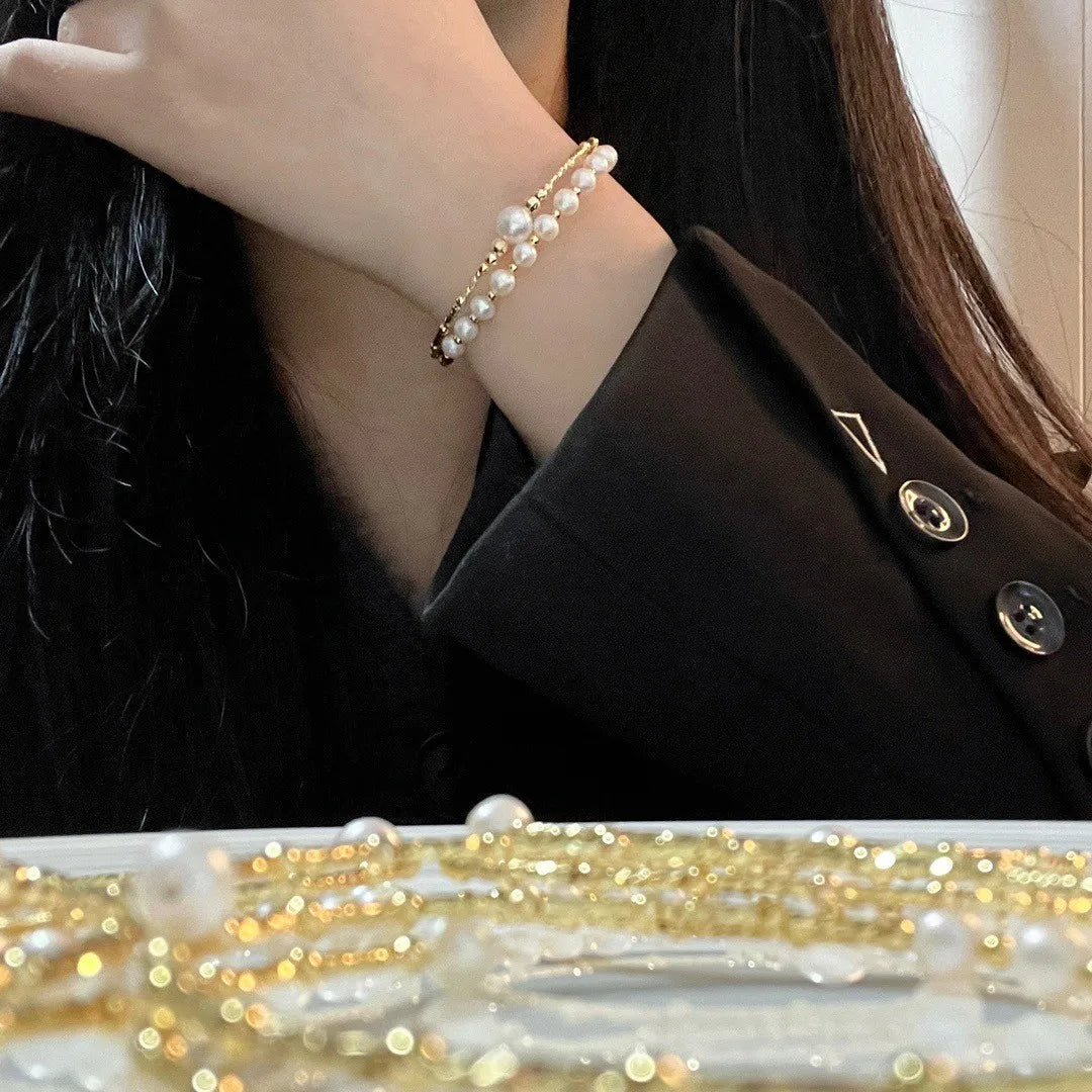 New Arrival 100% Natural Freshwater Pearl 14K Gold Filled Female Double Bangle For Women Jewelry Gifts Never Fade