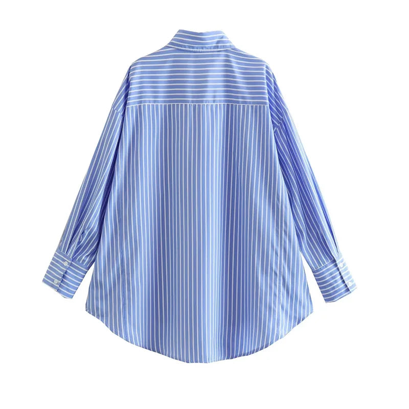 TRAF Blue Striped Shirt Women Casual Oversized Long Shirt Woman Korean Fashion Button Up Long Sleeve Shirts Office Loose Shirt