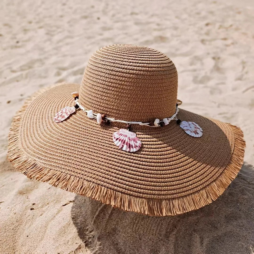 New Shell Accessories Fashionable Large Brim Women's Summer Straw Hat UV Resistant Sun Hat Sweet Beach Hat