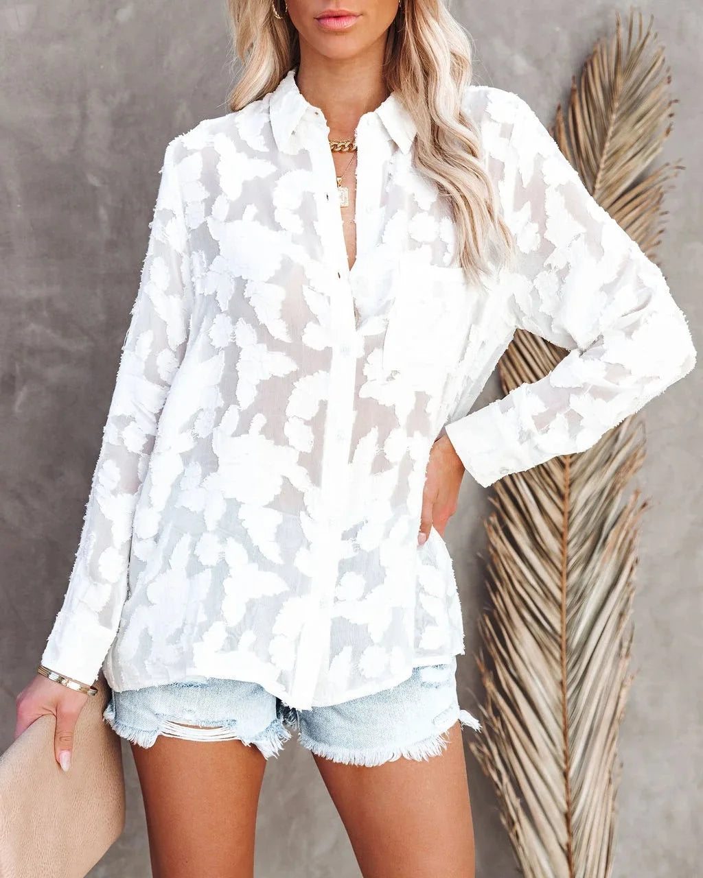 Elegant Long Sleeve Lapel Lace Blouse Office Lady Spring Summer Hollow Out Jacquard Loose Shirt Oversized Tops Luxury Chic Tunic