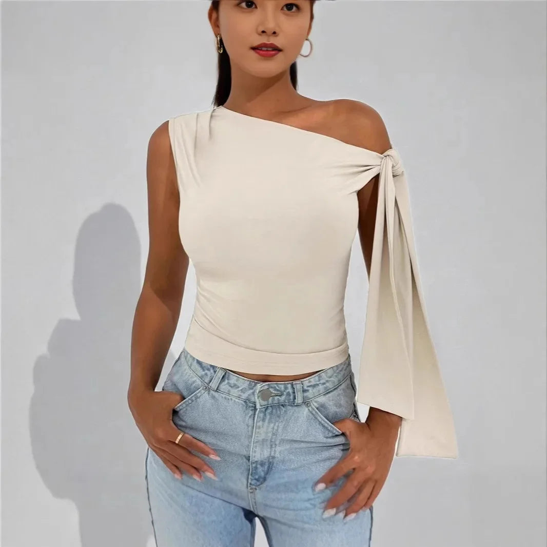 New Women's Fashionable Sleeveless Pure Color Belted Street Style Top Summer 2025 Slim Fit Cross-Border T-Shirt