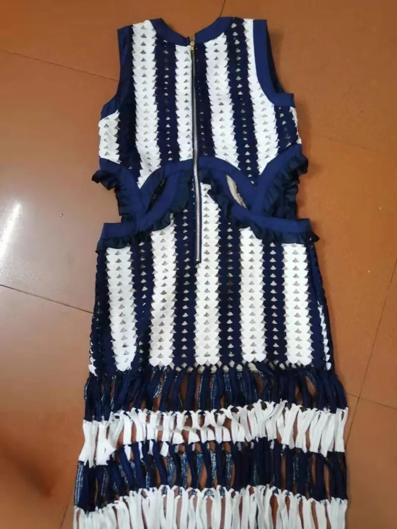 HANZANGL Women Dresses Knitted tank dress white blue patchwork striped tassel crochet casual beach Dress high quality