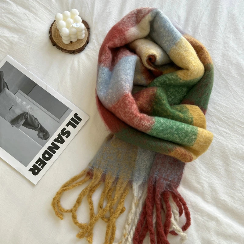 Winter Multicolor Stripe Scarf Cashmere Thick Shawl Women Long Winter Warm Pashmina Wraps with Tassel Scarf For Women
