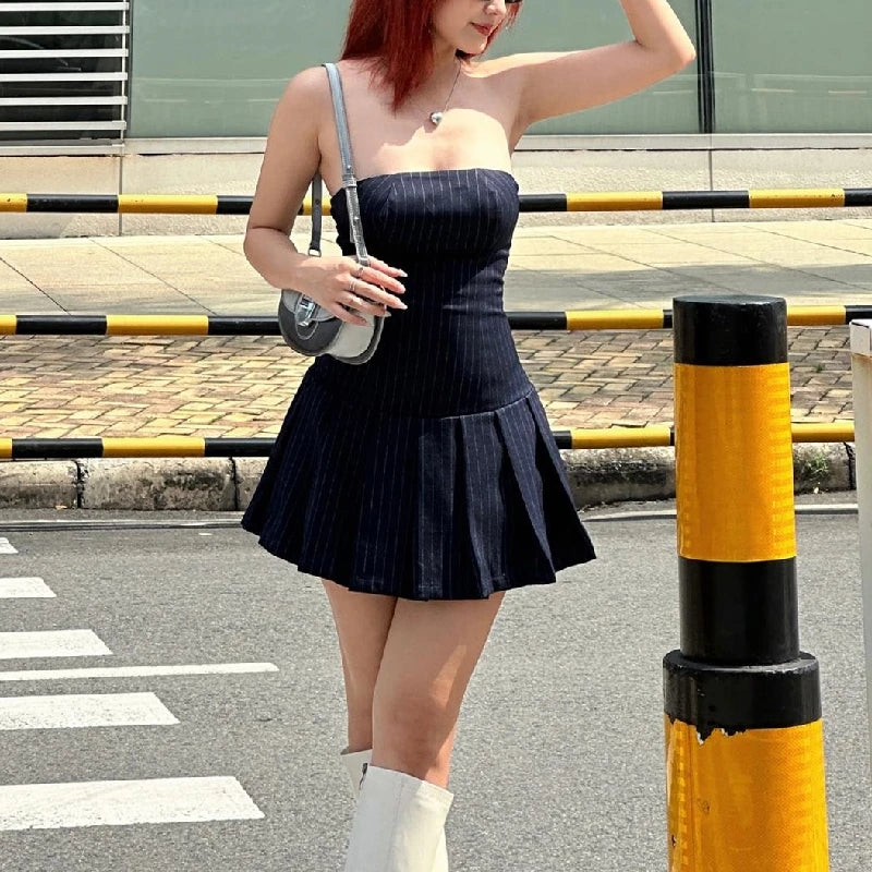 WhereMery Korean Women Fashion A-line Dress Y2K Sleeveless Slash-neck Pleated Stripe Dresses Spring Summer Elegant Slim Vestidos