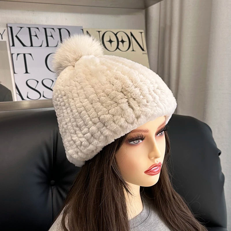 Real Rex Rabbit Fur Hat For Women Winter Thickened Fur Hat Warm Ear Protection Hat Hand Knitted Fur Hat Outdoor Natural Fur Hats