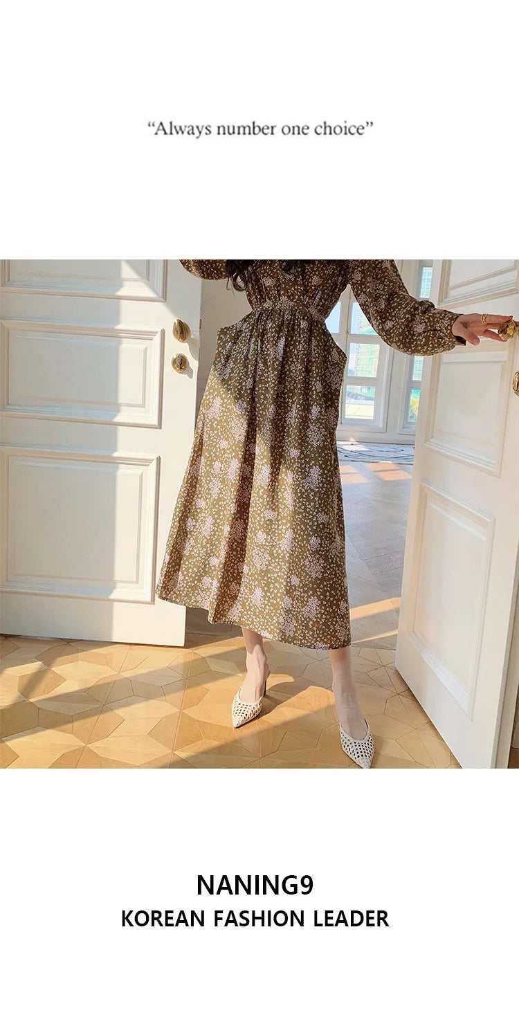 ARTKA 2023 Spring New Women Dress Elegant Loose Puff Sleeve Prints Dresses V-Neck High Waist A-Line Chiffon Long Dress A22LA055C