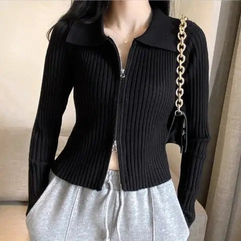 Elegant Korean Knitted Sweater Sexy Lapel Zipper Up Cardigan Women Vintage Harajuku Slim Coat Casual Ribbed Knit Cropped Tops