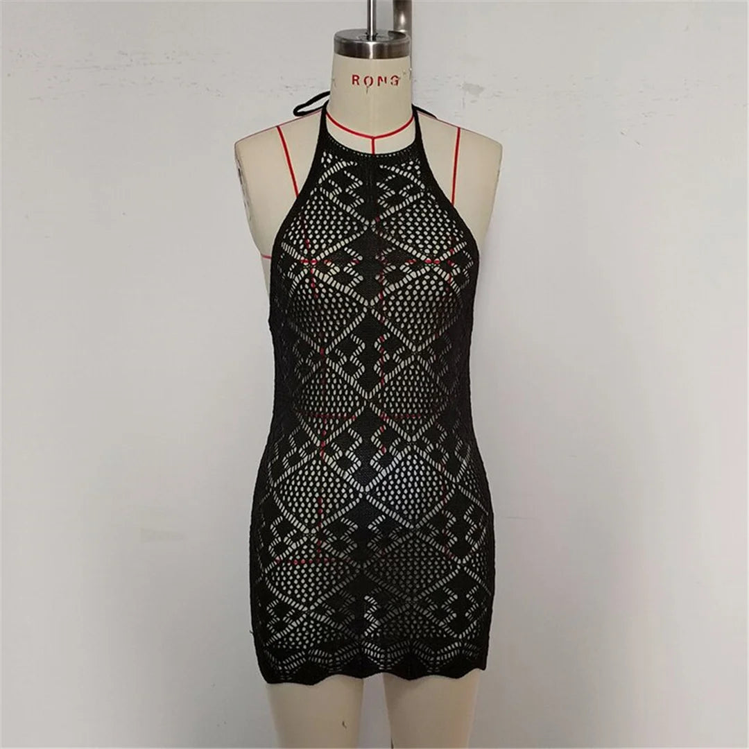 Hollow Out Halter Backless Crochet Knitted Tunic Beach Cover Up Cover-ups Beach Dress Beach Wear Beachwear Female Women V6511