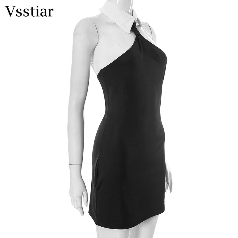 Vsstiar Elegant Turn-down Collar Mini Dress For Women Sexy Backless Sleeveless Vestidos Summer Fashion Streetwear Party Dress