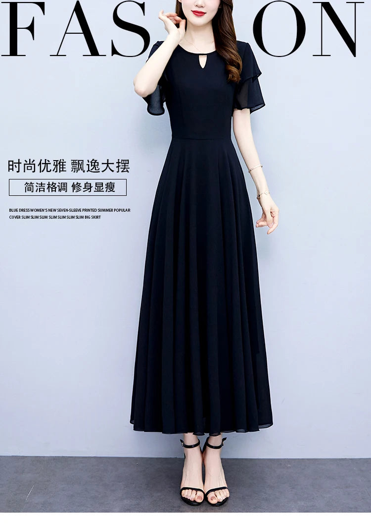 2024 Black Chic Ruffled Short Sleeve Midi Vestidos Women Vintage Hepburn Prom Long Robe Summer Solid Elegant Bodycon Party Dress
