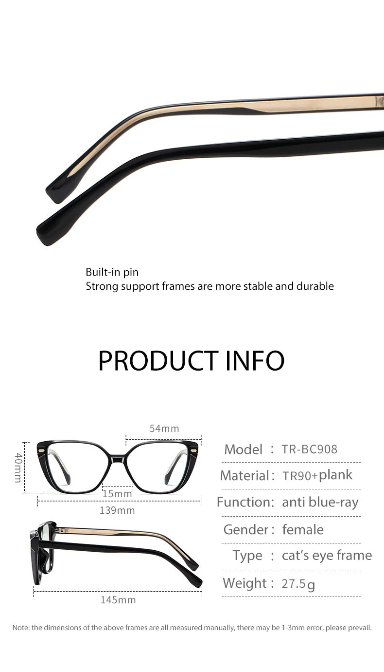 Women Fashion Cat Eye Shape Optical Glasses Frame with Recipe Prescription Female Eyewear Stylish Full Rim TR-BC908