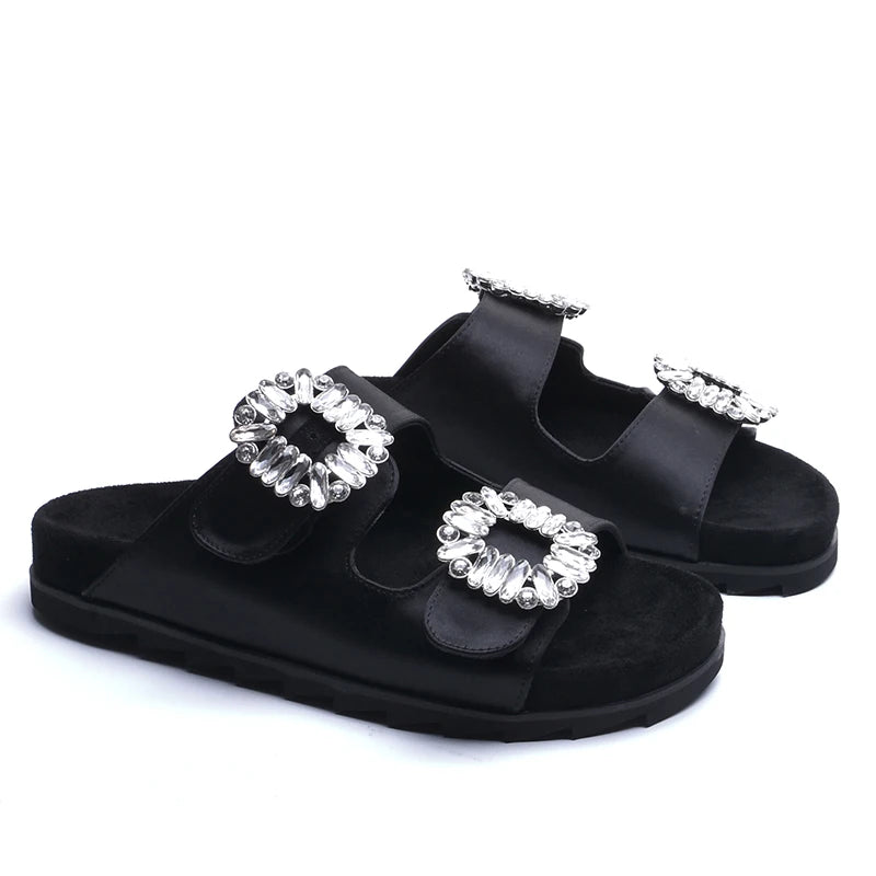 New Trend Women's Slippers Outside 2022 Women's Rhinestone Side Buckle Open Toe Bicyclic Flat-Bottomed Sandals Slippers Girls