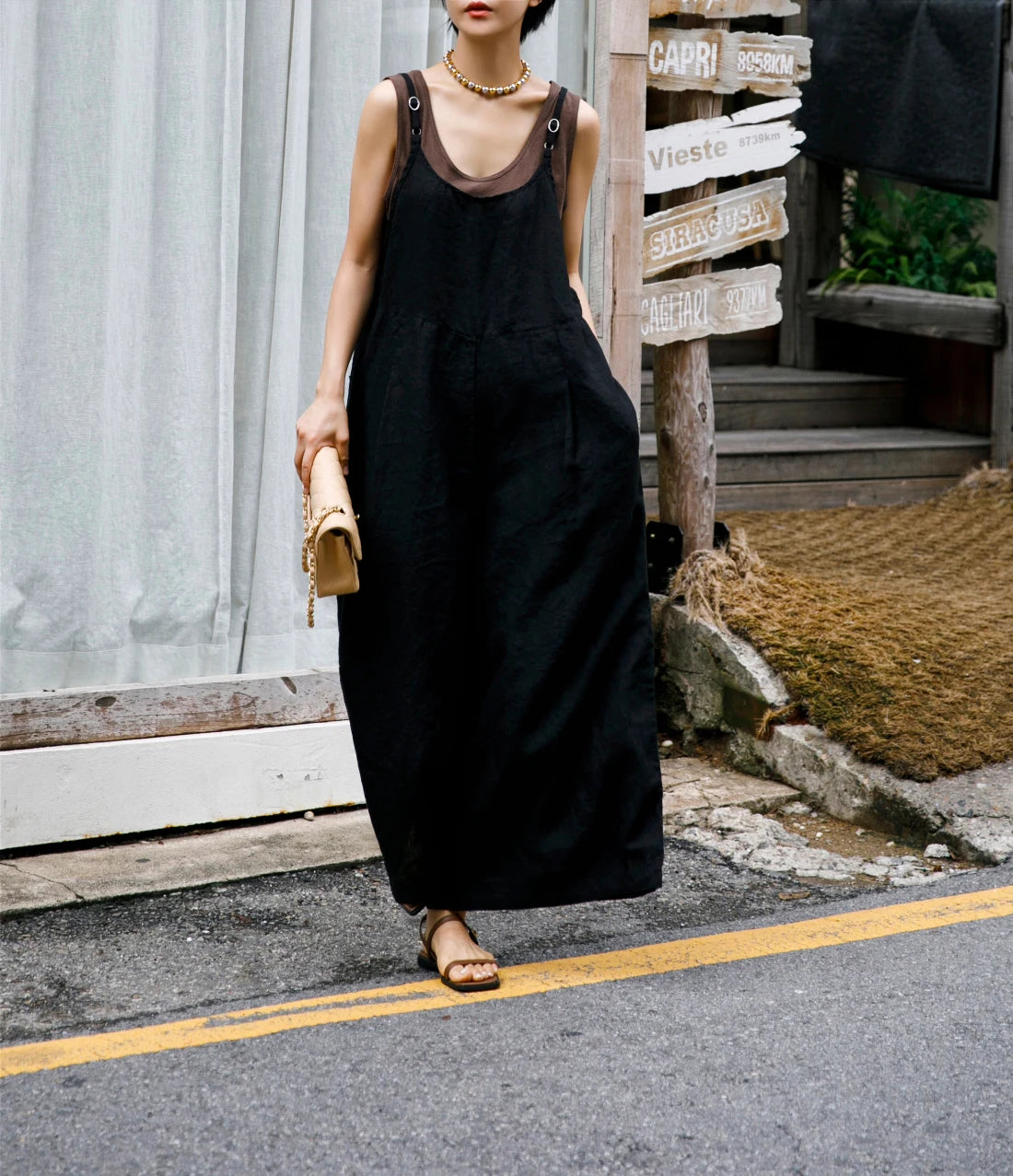 Women's Cotton and Linen Wide leg Jumpsuit Bf Casual Trousers Skirt Strappy Hemp Sling One Piece Pants