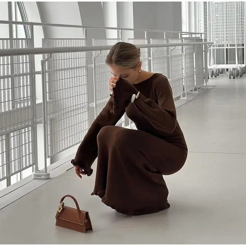 Elegant Roll Edge Party Dress For Women Long Sleeve O Neck Slim Flare Sleeve Long Robes 2025 New Lady High Street Evening Gown