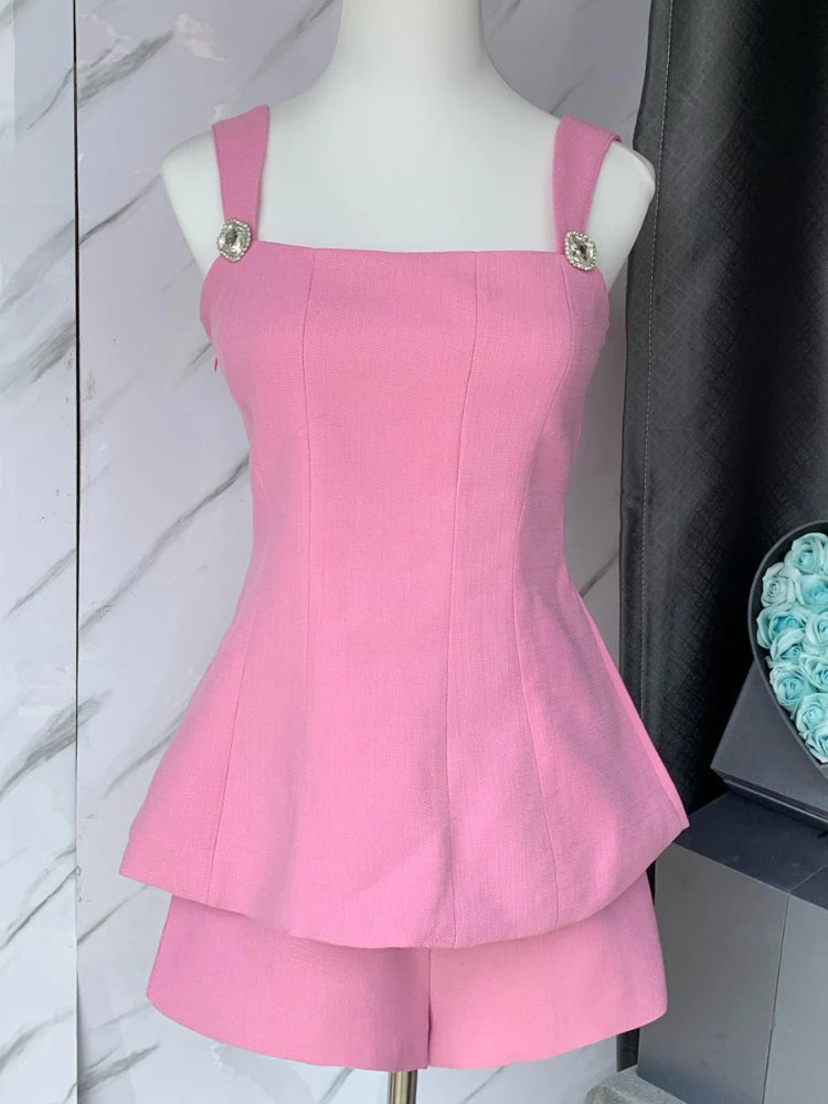 Aoi Summer Y2k Women 2 Piece Suit French Back Bowknot Collar Luxury Diamond Spaghetti Vestidos Sexy Strap Camisole+Shorts Set