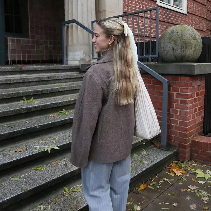 Women's Double Breasted Wool Coat Autumn Winter Fashion Lapel Long Sleeves Short Blazer Jacket Elegant Solid Warm Loose Outwear