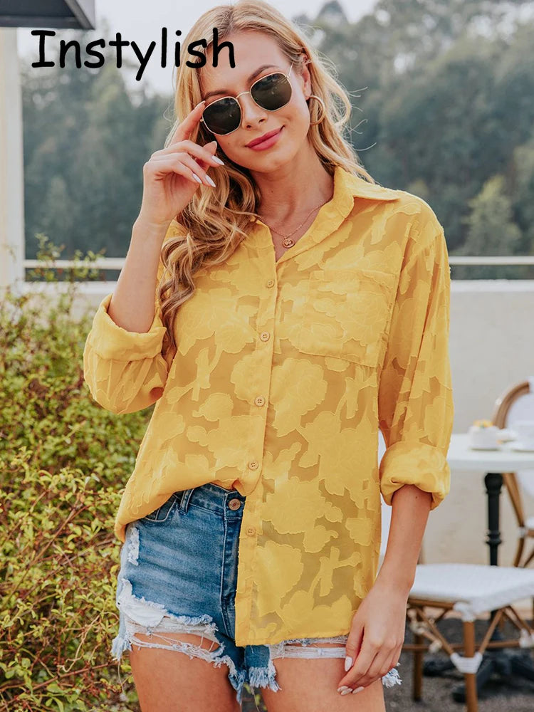 Elegant Long Sleeve Lapel Lace Blouse Office Lady Spring Summer Hollow Out Jacquard Loose Shirt Oversized Tops Luxury Chic Tunic