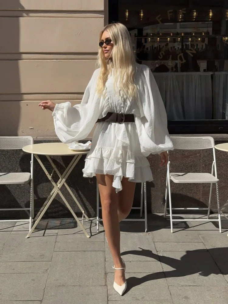 Women Single Breasted Ruffles Dress Fashion Solid Lantern Sleeve Loose Pleated Vestidos Summer Lady Vacation Party Gowns 2025