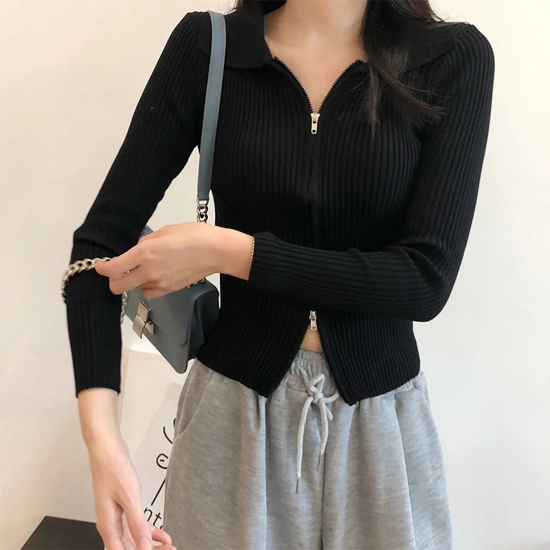 Elegant Korean Knitted Sweater Sexy Lapel Zipper Up Cardigan Women Vintage Harajuku Slim Coat Casual Ribbed Knit Cropped Tops