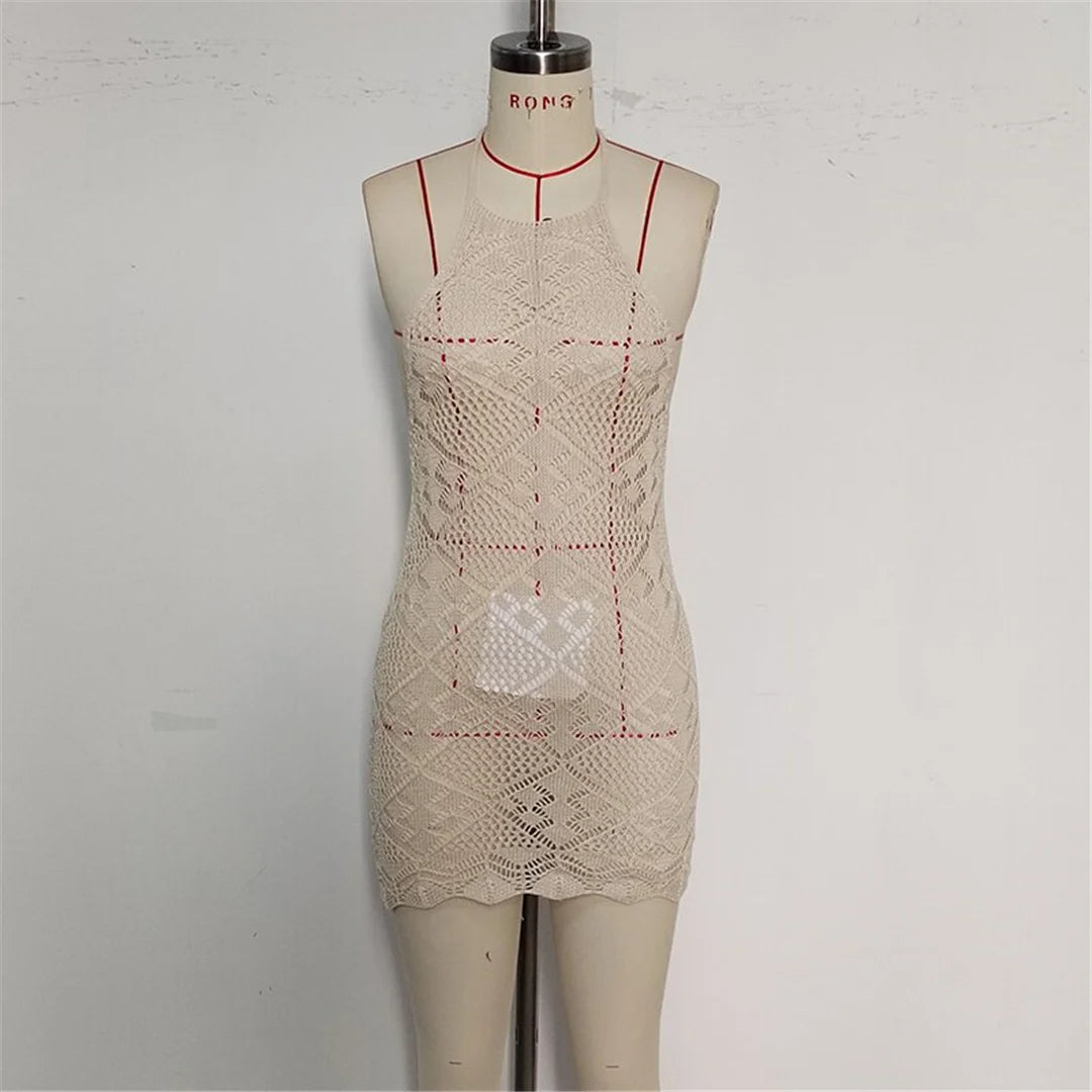 Hollow Out Halter Backless Crochet Knitted Tunic Beach Cover Up Cover-ups Beach Dress Beach Wear Beachwear Female Women V6511