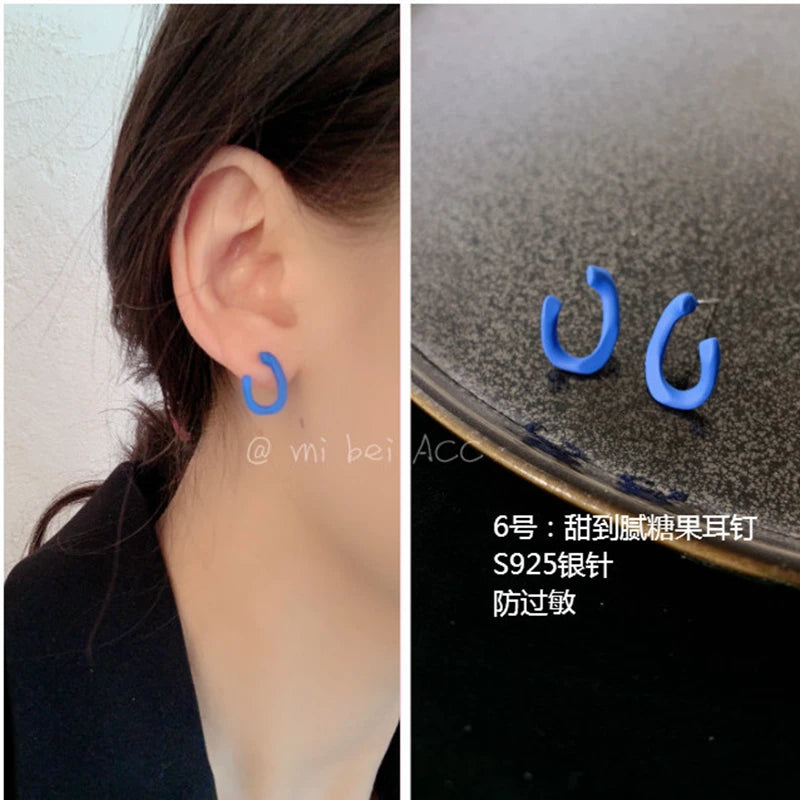 Royal Blue Series Stud Earrings Collection Heart Bowknot Circle Square Geometric Klein Blue Crystal Earrings Women Jewelry