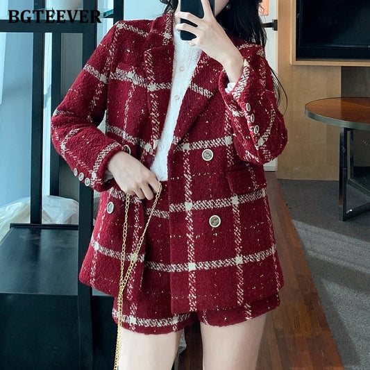 BGTEEVER Winter Thicken Warm Ladies Plaid Blazer Suits Long Sleeve Double Breasted Suit Jackets & Shorts Women 2 Pieces Set