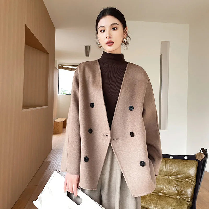 100% women's wool coat, double-sided, warm, high-end, loose, Korean style, short, 2024 autumn and winter new coat