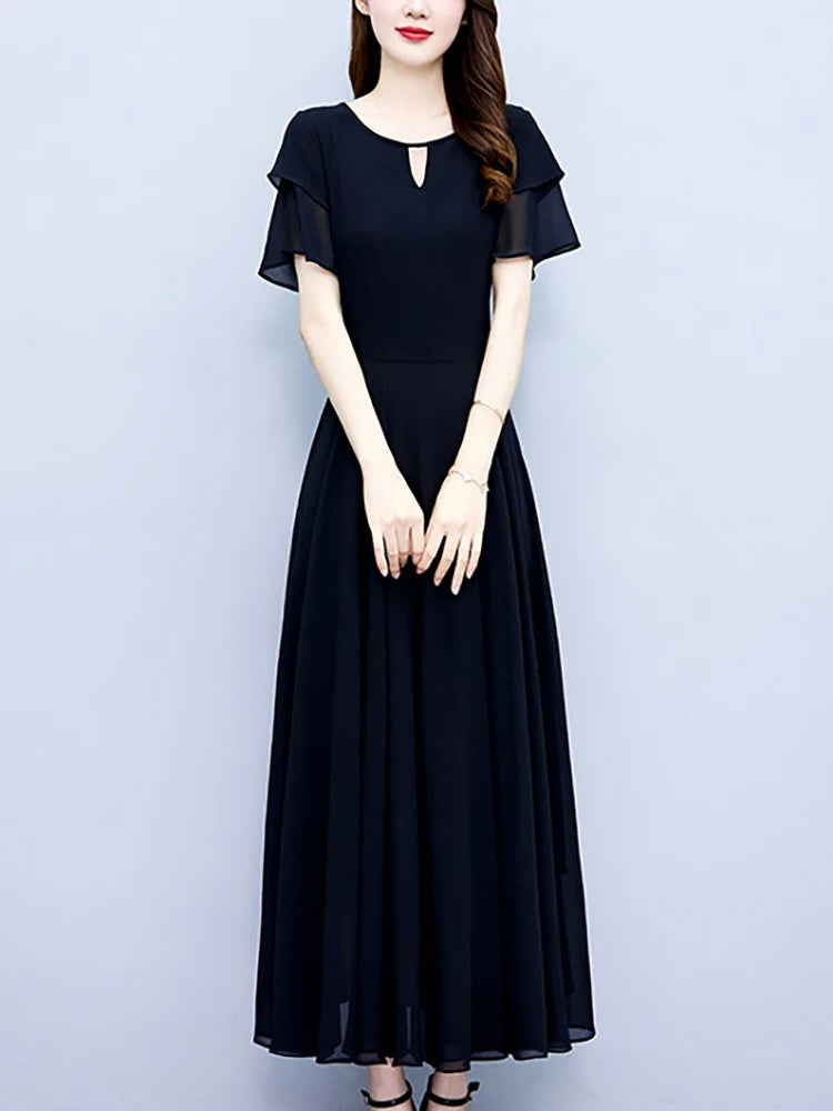 2024 Black Chic Ruffled Short Sleeve Midi Vestidos Women Vintage Hepburn Prom Long Robe Summer Solid Elegant Bodycon Party Dress