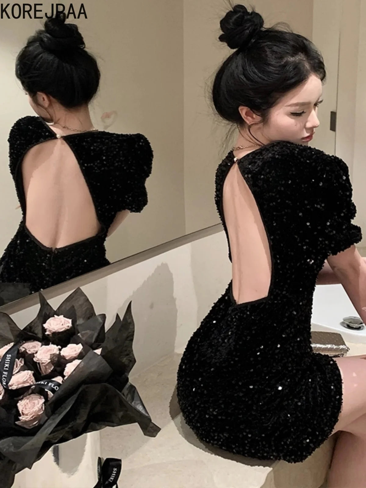 Korejpaa Sexy Dress Women Korean Style Backless Black Dresses Spring Summer Sequin Short Sleeve Slim Waist Vestidos Femme
