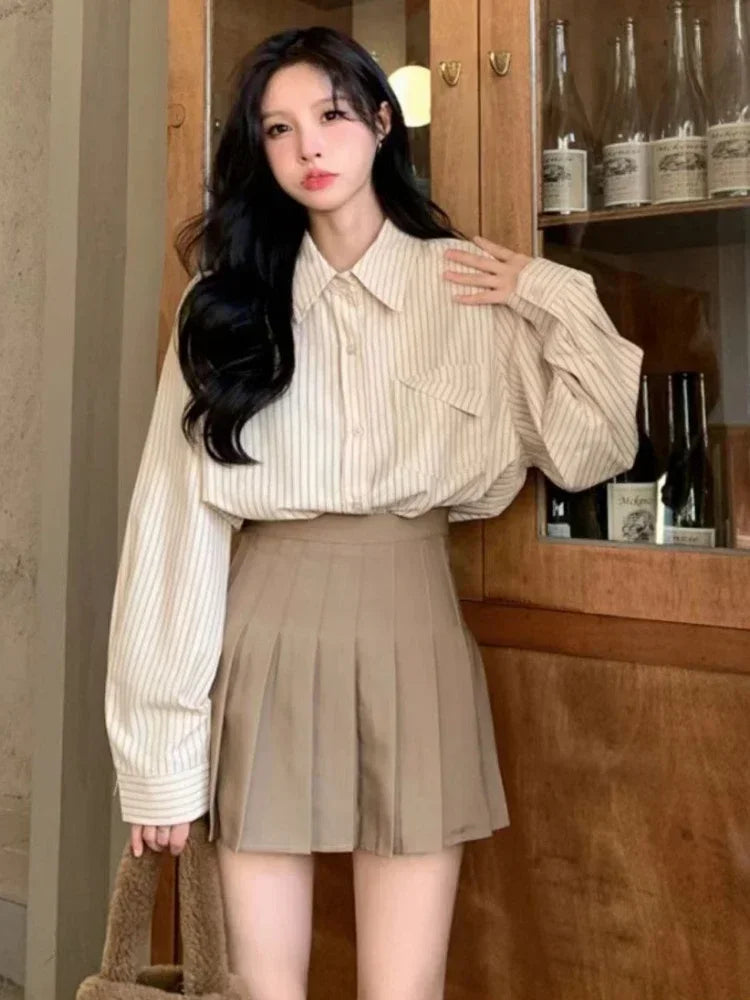 korean fashion Shirts for Women Loose Versatile Long Sleeves Blouse Pocket Casual Spring New Blue Striped Women's Shirt